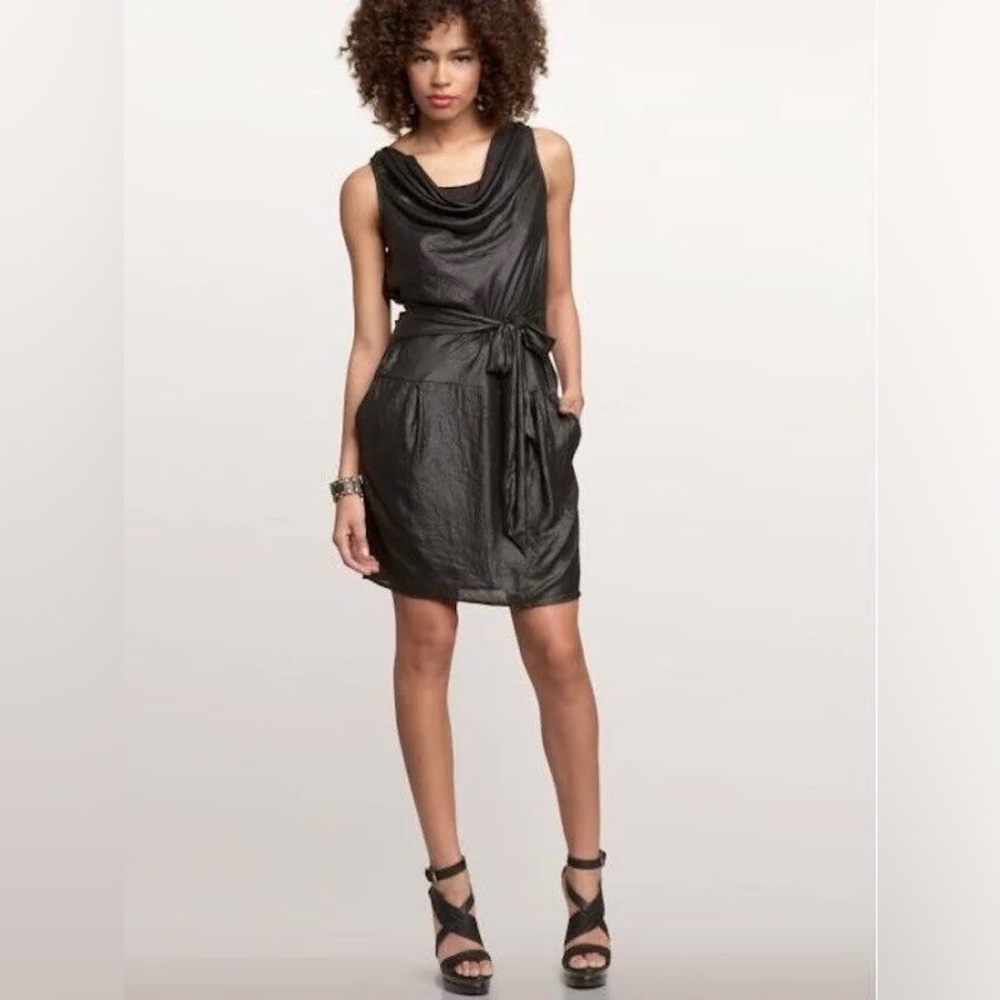 Gap black cowl neck, drop waist dress with sash.